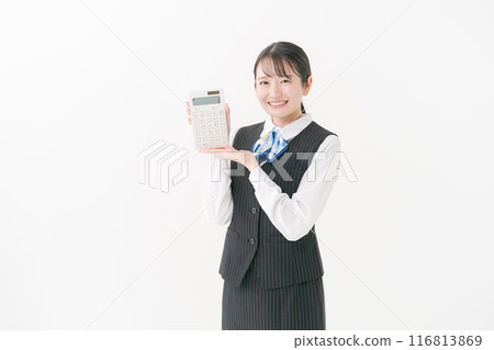 Woman in office clothes with a calculator Woman in office clothes with a calculator 116813869