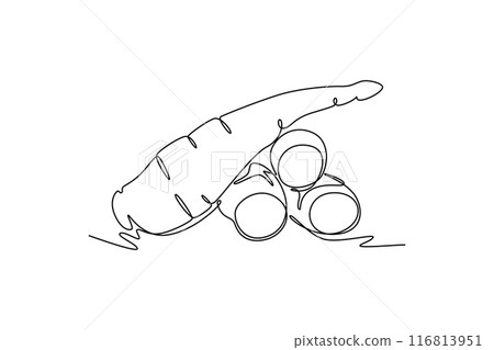 Single one line drawing of whole healthy organic cassava for farm logo identity. Edible starchy tuberous root concept tropical crop icon. Modern continuous line draw design graphic vector illustration 116813951