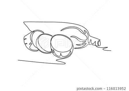 Single one line drawing of whole healthy organic yuca cassava for plantation logo identity. Fresh woody shrub concept tropical crop icon. Modern continuous line draw design graphic vector illustration Single one line drawing of whole healthy organic yuca cassava for plantation logo identity. Fresh woody shrub concept tropical crop icon. Modern continuous line draw design graphic vector illustration 116813952