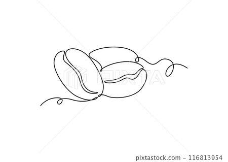 Single one line drawing of whole healthy organic coffee bean for restaurant logo identity. Fresh aromatic seed concept coffee drink icon. Modern continuous line draw design graphic vector illustration Single one line drawing of whole healthy organic coffee bean for restaurant logo identity. Fresh aromatic seed concept coffee drink icon. Modern continuous line draw design graphic vector illustration 116813954