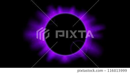 Purple planet eclipse concept. Solar light rays and glare effect. Glowing sun crown in dark space. Earth halo with blazing edge. Vector illustration design for poster, banner, cover, brochure, leaflet 116813999
