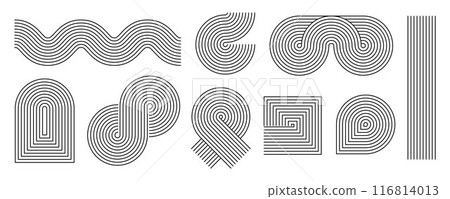 Black linear boho style waves and shapes set. Mid century curves and arch collection. Decorative line arc elements for graphic design template, poster, banner, cover. Vector wavy zigzag forms Black linear boho style waves and shapes set. Mid century curves and arch collection. Decorative line arc elements for graphic design template, poster, banner, cover. Vector wavy zigzag forms 116814013