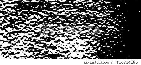Grunge rough grain gradient background. Black gritty gravel texture. Distress noise surface with dust, sand, particles, specks, speckles. Shabby dirty granule backdrop. Vector wall or ceiling overlay 116814169