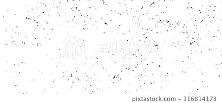 Black gritty grunge texture. Grainy rugged overlay background. Distressed noise surface with dust, particles, speckles, specks. Rough texture backdrop of concrete, cement, gravel. Vector 116814173