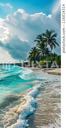 tropical beach view at sunny day with white sand, turquoise water and palm tree, neural network generated image 116814314