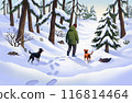 Man walking in pine forest with dog in winter covered with snow 116814464