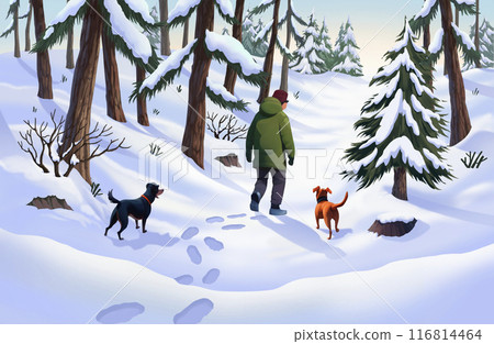 Man walking in pine forest with dog in winter covered with snow 116814464
