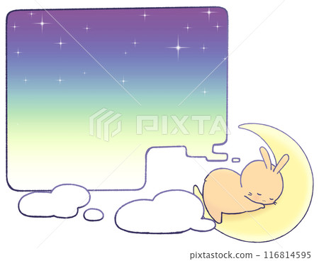 Speech bubble of a rabbit sleeping on a crescent moon (rounded corners, clouds) 116814595