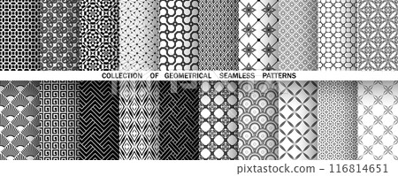 Geometric set of seamless black and white patterns. Simple vector graphics. Geometric set of seamless black and white patterns. Simple vector graphics. 116814651