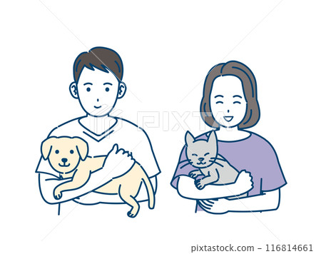 Illustration of a man and woman hugging a dog and a cat 116814661