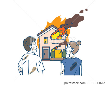 Illustration of a couple stunned after their house burns down in a fire 116814664