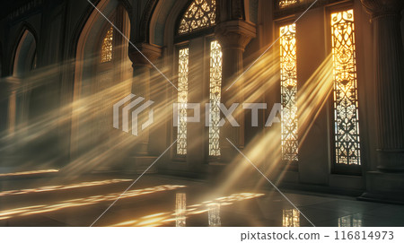 Sunbeams filtering through ornate windows in a mosque, creating a mystical and serene ambiance 116814973