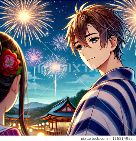 A man staring at his girlfriend at a fireworks display 116814983