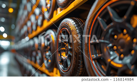New tire for sale at a tire store or in a large warehouse 116814984