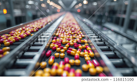 Automated Robotic tablets or capsules Line. Pharmaceutical production plant indoors 116815100