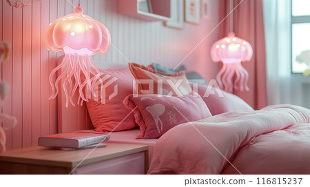 Pink girls bedroom with creative jellyfish shaped lamps 116815237