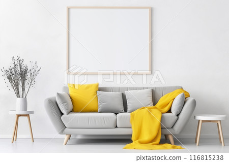 Modern Living Room with Gray Sofa and Yellow Accents and blank poster mockup on white wall 116815238