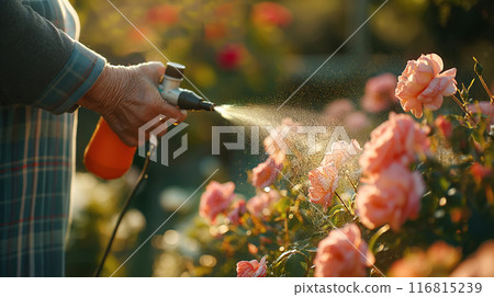 An elderly woman sprays roses against pests and diseases close-up An elderly woman sprays roses against pests and diseases close-up 116815239