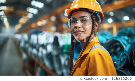Smiling black female worker in safety gear works on sorting and processing recyclable materials Smiling black female worker in safety gear works on sorting and processing recyclable materials 116815266