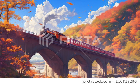 美麗的秋葉和蒸汽機車行駛的風景 — 在一座橋上訓練，橋上有明亮的秋色山脈和藍天 116815296