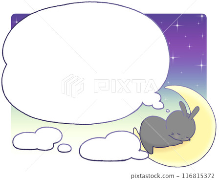 A speech bubble of a black rabbit sleeping on a crescent moon (with background and clouds) 116815372