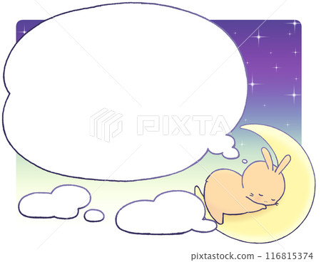 A speech bubble of a rabbit sleeping on a crescent moon (with background and clouds) 116815374