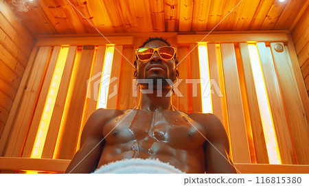 Black brutal man relaxing on wooden bench in infrared sauna. Spa treatment 116815380