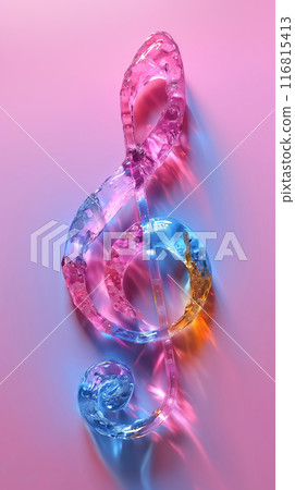 Volumetric musical treble clef in neon colors on a minimal background Volumetric musical treble clef in neon colors on a minimal background 116815413