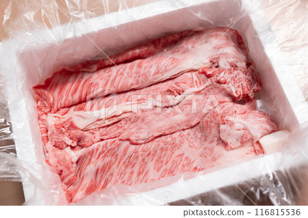 Image of frozen Wagyu beef for sukiyaki 116815536