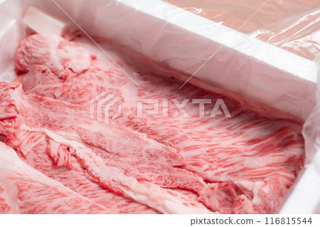 Image of frozen Wagyu beef for sukiyaki Image of frozen Wagyu beef for sukiyaki 116815544