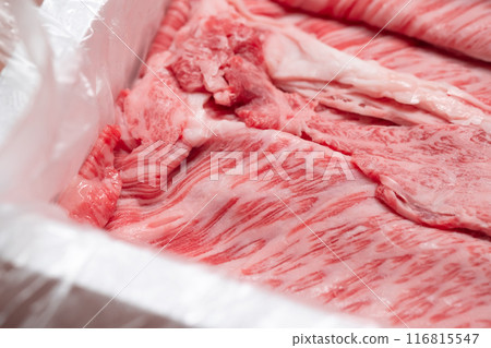 Image of frozen Wagyu beef for sukiyaki Image of frozen Wagyu beef for sukiyaki 116815547