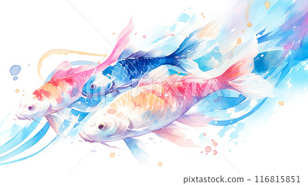 色彩繽紛、夢幻般的鯉魚快樂地一起游泳的水彩插圖 116815851