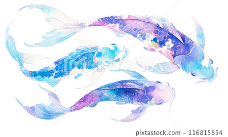 色彩繽紛、夢幻般的鯉魚快樂地一起游泳的水彩插圖 色彩繽紛、夢幻般的鯉魚快樂地一起游泳的水彩插圖 116815854
