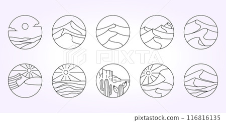 desert line art logo icon template vector illustration set bundle. Oasis Sahara design package desert line art logo icon template vector illustration set bundle. Oasis Sahara design package 116816135