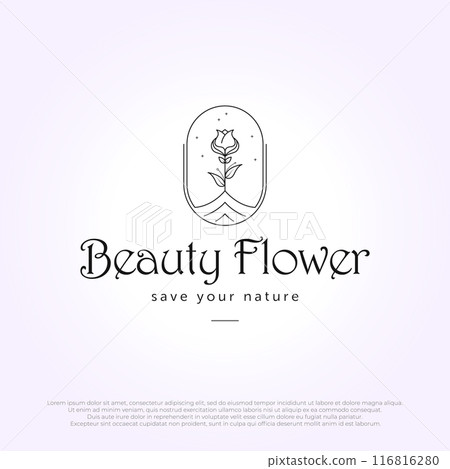 minimalist line art emblem beautiful flower icon vector logo. usage for spa, flower shop, medical, cosmetic, etc. 116816280