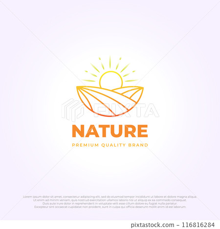 best premium emblem sunrise ground logo icon vector line art. illustration design of farmland with sunset. 116816284