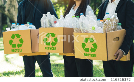 Recycling and volunteer portrait of group doing outdoor waste and garbage cleaning. Earth day, charity and community clean up project. 116816372