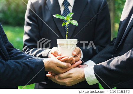 Earth Day Environmental, Business hands holding a plant pot with green plants in the ground together symbolizes green business company and green business cooperation. Earth Day Environmental, Business hands holding a plant pot with green plants in the ground together symbolizes green business company and green business cooperation. 116816373