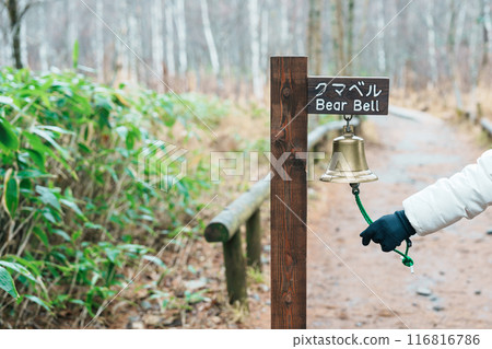 Woman tourist travel Kamikochi National Park, happy Traveler with Bear bell in the forest, Nagano Prefecture, Japan. Landmark for tourists attraction. Japan Travel, Destination and Vacation 116816786
