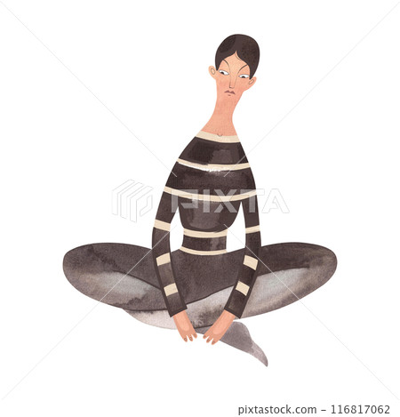 A thoughtful young girl with dark hair and a sleek hairstyle in a striped shirt and leggings sits in the lotus position. Isolated watercolor illustration on white background. Vintage style. 116817062