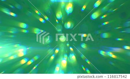 Abstract green glowing background with flying balls and circles of blurred festive bokeh particles 116817542