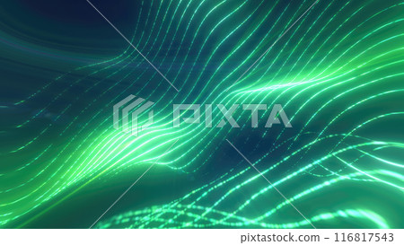 Green glowing energy waves from small particles and lines abstract background 116817543