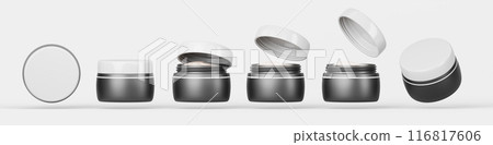 3d set of black cream jar with white lid mockup front and top view. Realistic cosmetic plastic container with beauty skincare product, serum or lotion, closed and open package render. 3D illustration 3d set of black cream jar with white lid mockup front and top view. Realistic cosmetic plastic container with beauty skincare product, serum or lotion, closed and open package render. 3D illustration 116817606
