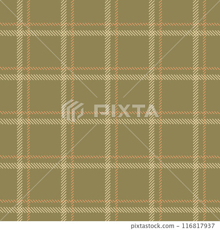 Classic plaid design with intersecting lines in a grid formation. Green background with red and beige diagonal hatching. 116817937