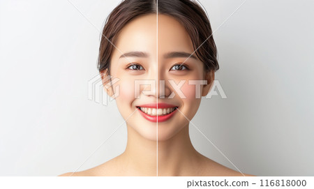 “皮膚護理的效果——年輕女性皮膚護理前後的效果。” 116818000