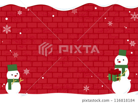 冬天的背景圖是一堵磚牆覆蓋著雪和一個雪人，聖誕紅，沒有文字 116818184