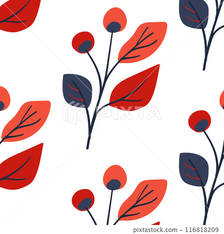 Seamless pattern. Simple Plant. Simple branch of berries and leaves. White background. Decorative ornament in Scandinavian style. Hand drown. Flat vector illustration, No AI. Seamless pattern. Simple Plant. Simple branch of berries and leaves. White background. Decorative ornament in Scandinavian style. Hand drown. Flat vector illustration, No AI. 116818209