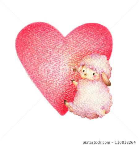 Red heart and sheep background, hand-drawn colored pencil drawing 116818264