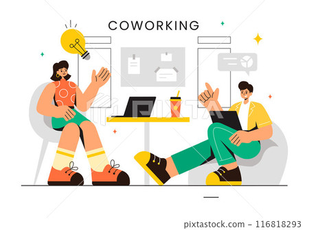 Vector Illustration of a Coworking Business with Colleagues Talking, Meeting, and Working in a Flat Style Cartoon Office Background 116818293