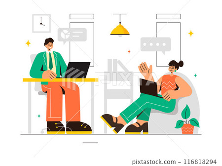 Vector Illustration of a Coworking Business with Colleagues Talking, Meeting, and Working in a Flat Style Cartoon Office Background 116818294